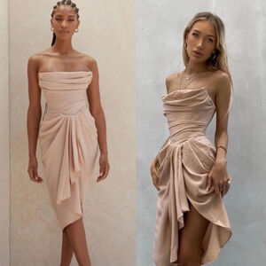 House of CB ‘Poppy’ Sand Strapless Corset Draped Dress‎ NWOT Size XS